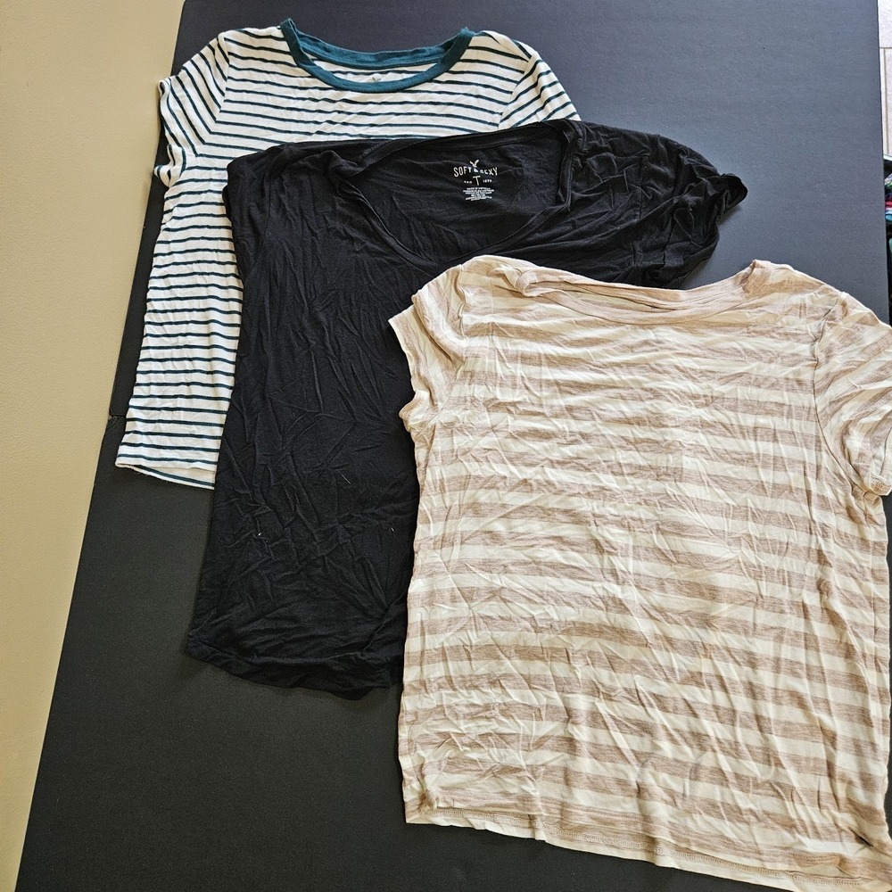 AEO Soft & Sexy Tops Set 3 Medium Black Teal Stripe Beige Stripe